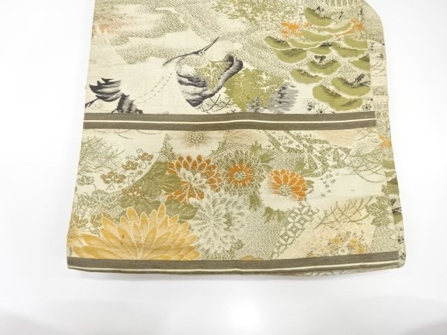  アンティーク　鶴に菊・波模様織り出し名古屋帯（材料）